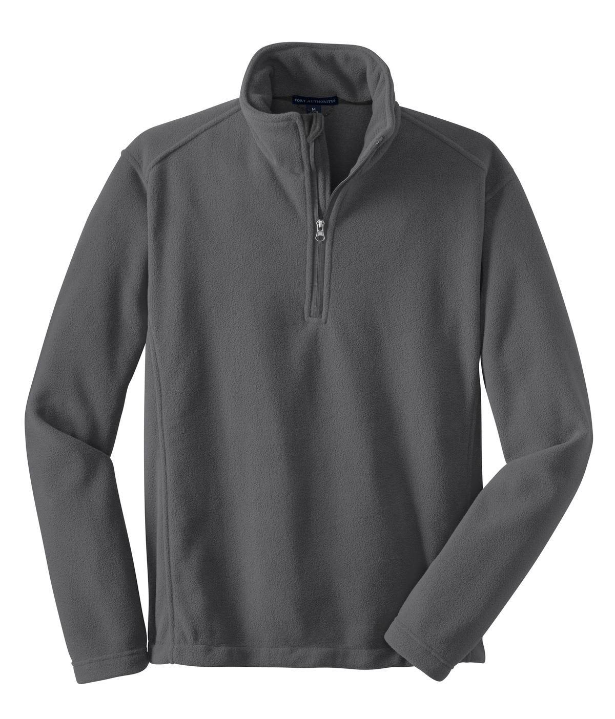 A grey fleece pullover jumper with a quarter-zip feature and long sleeves. It has a logo on it.