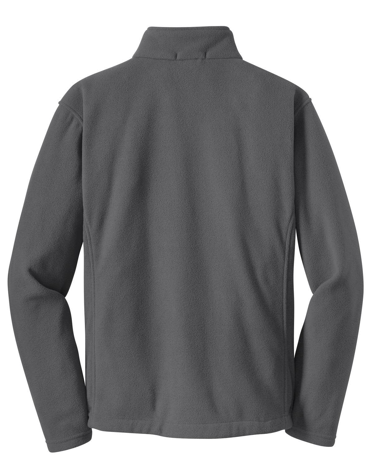 A grey quarter-zip pullover sweater with a high collar and long sleeves. It has a logo on the back.