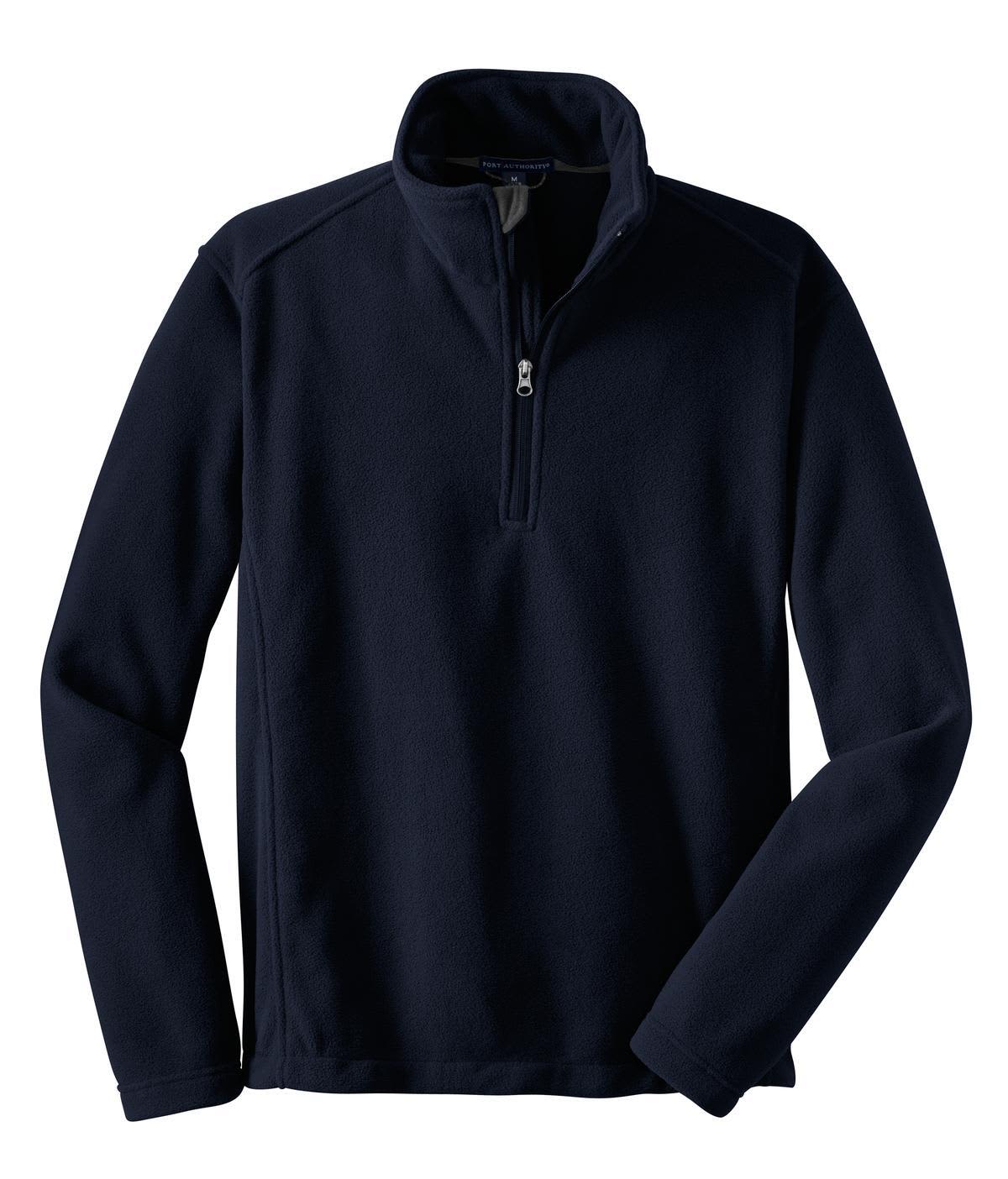 A navy fleece 1/4-zip pullover with long sleeves and a zippered collar. It features a logo.
