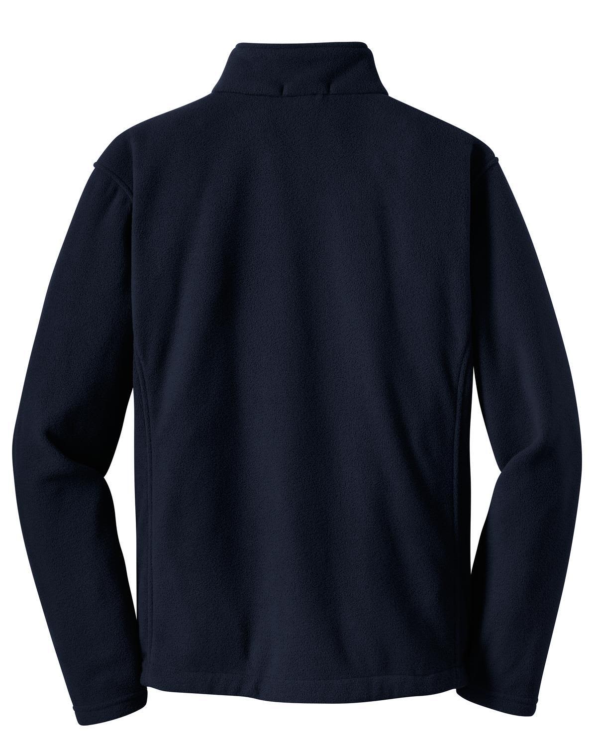 A navy fleece pullover with a quarter-zip design and a subtle logo on the back. Ideal for layering.