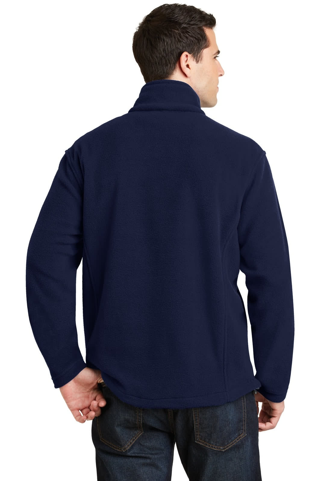 A navy blue fleece 1/4-zip pullover seen from the back, featuring a collar and a brand logo.