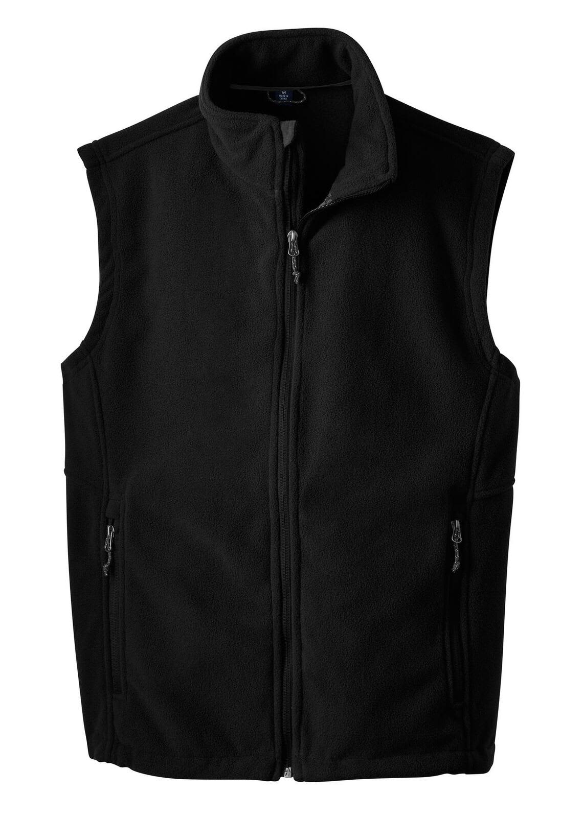 A black fleece vest with a zip front and two side pockets, featuring a logo on the chest area.