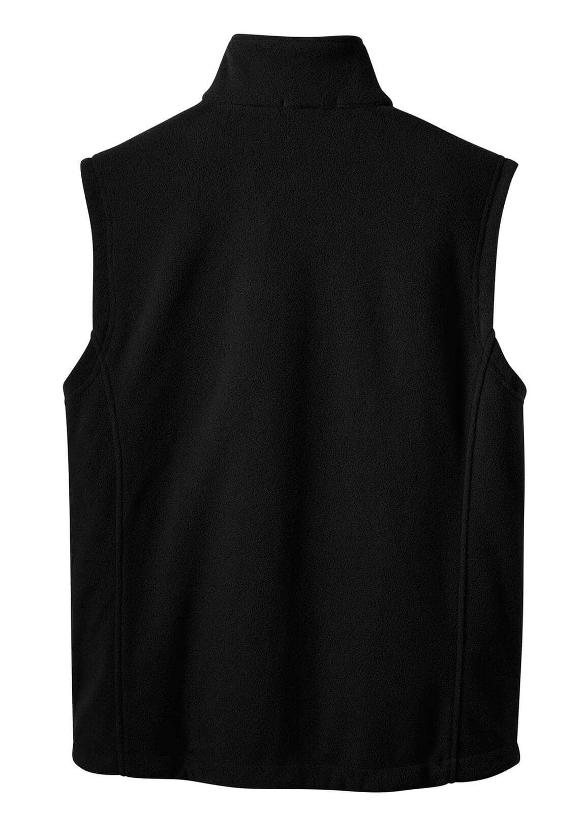 A black fleece vest with a high collar and no sleeves, featuring a logo.