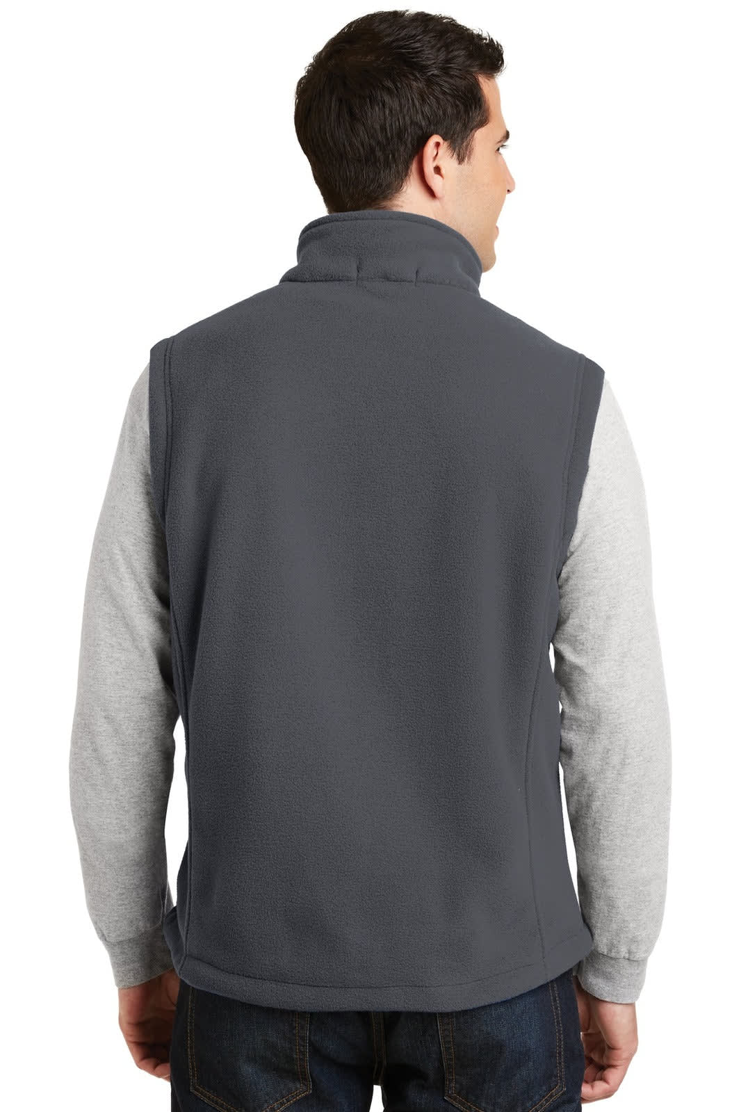 A grey fleece vest with a high collar, worn by a person seen from behind, featuring a logo.