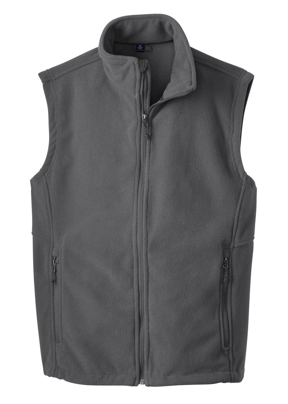 A grey fleece vest with a high collar and two zippered pockets on the front, featuring a branding logo.