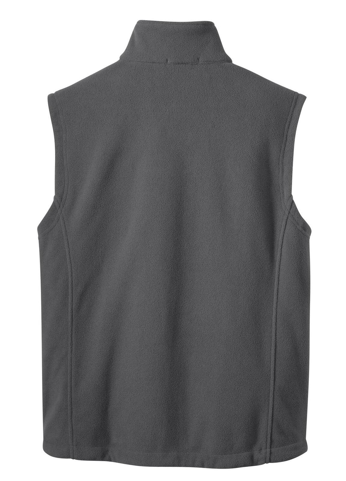 A grey fleece vest with a high collar and a logo on the back. Suitable for layering in cooler weather.