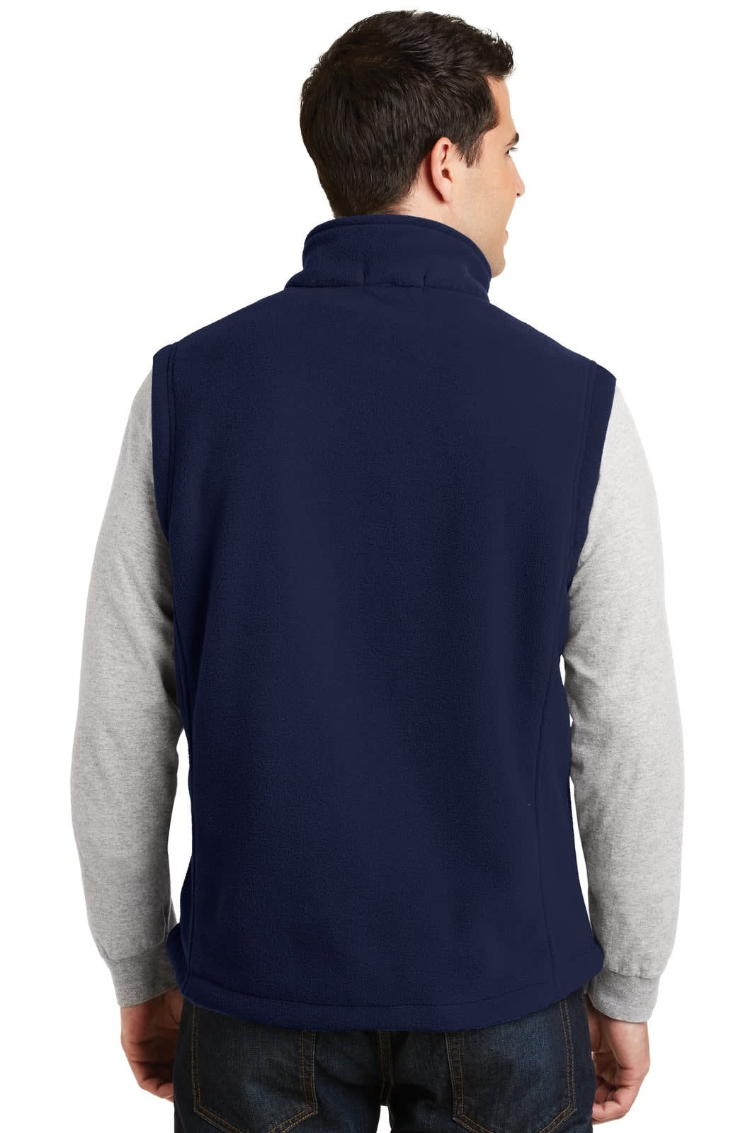 A navy fleece vest with a high collar, featuring a logo, viewed from the back on a model.