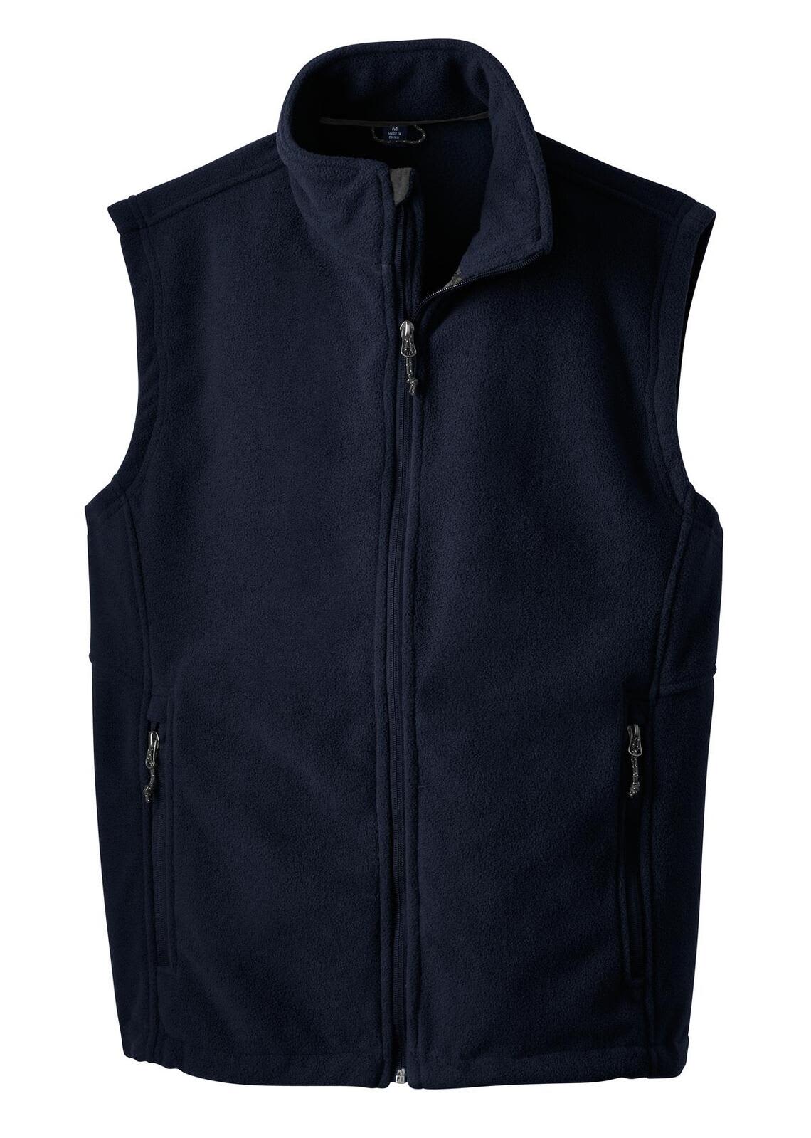 A navy fleece vest with a zip front and two side pockets, featuring a branding logo.