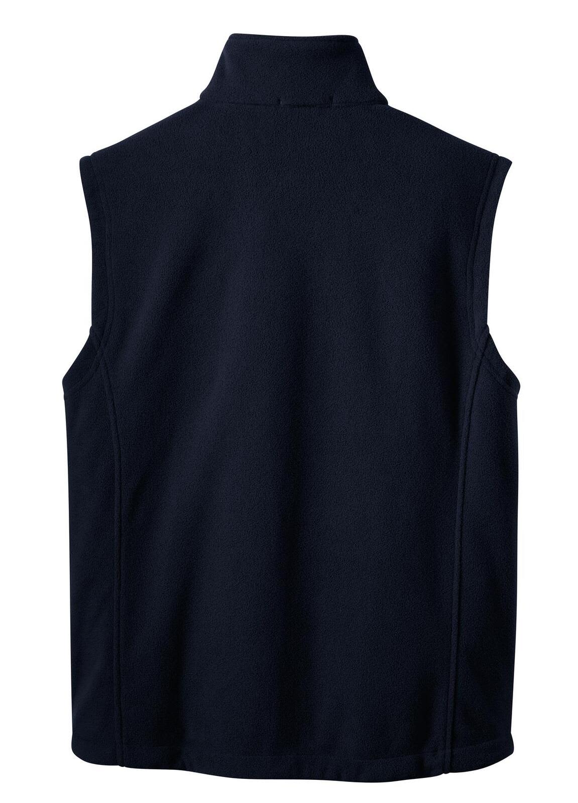 A navy blue fleece vest with a high collar, featuring a logo on the back.