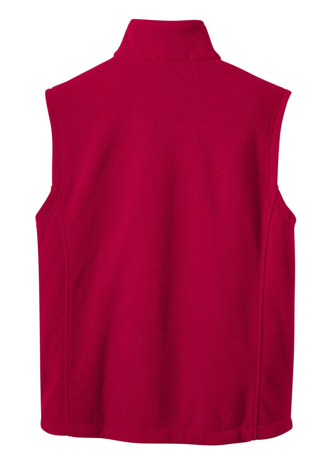 A red fleece vest with a collar and no sleeves, featuring a branding logo on the back.