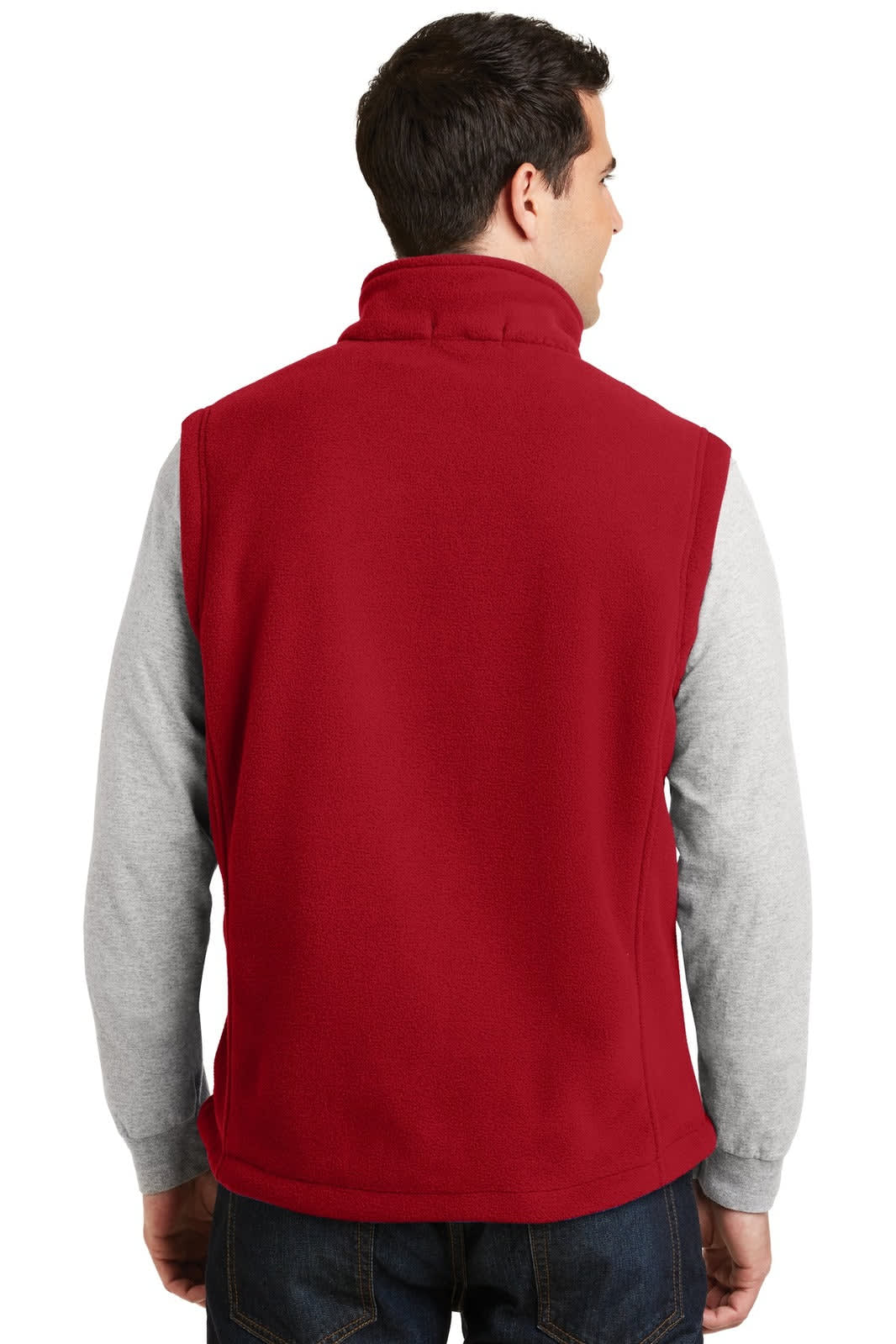 A red fleece vest with a high collar, featuring a logo, worn over a long-sleeve grey shirt.
