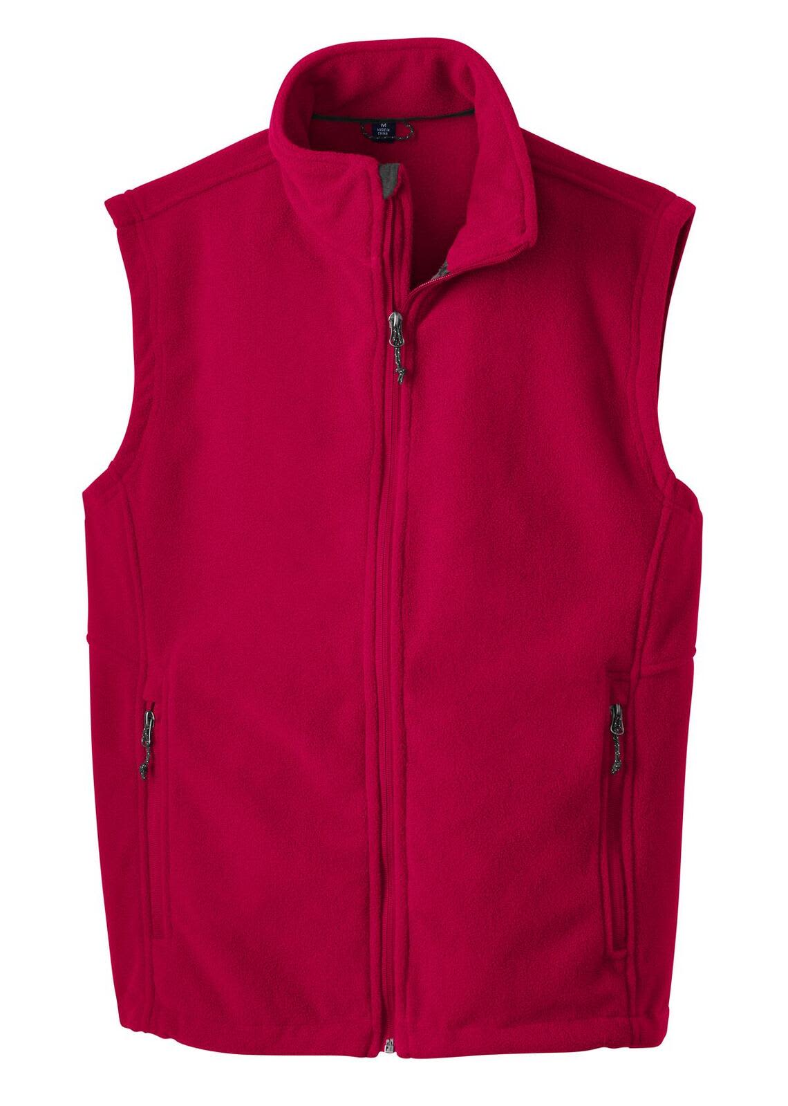 A red fleece vest with a high collar and zippered front, featuring two side pockets and a logo.