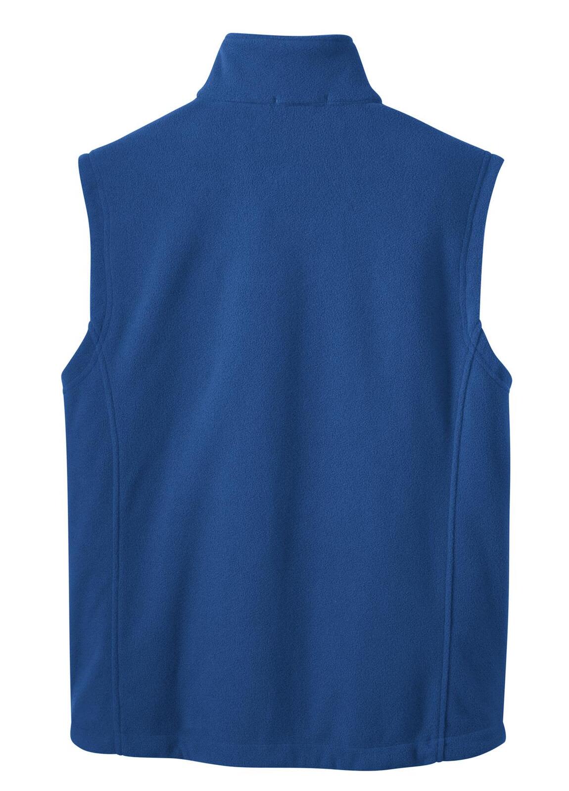 A blue fleece vest featuring a high collar and a clean, smooth back design. It has a logo at the back.