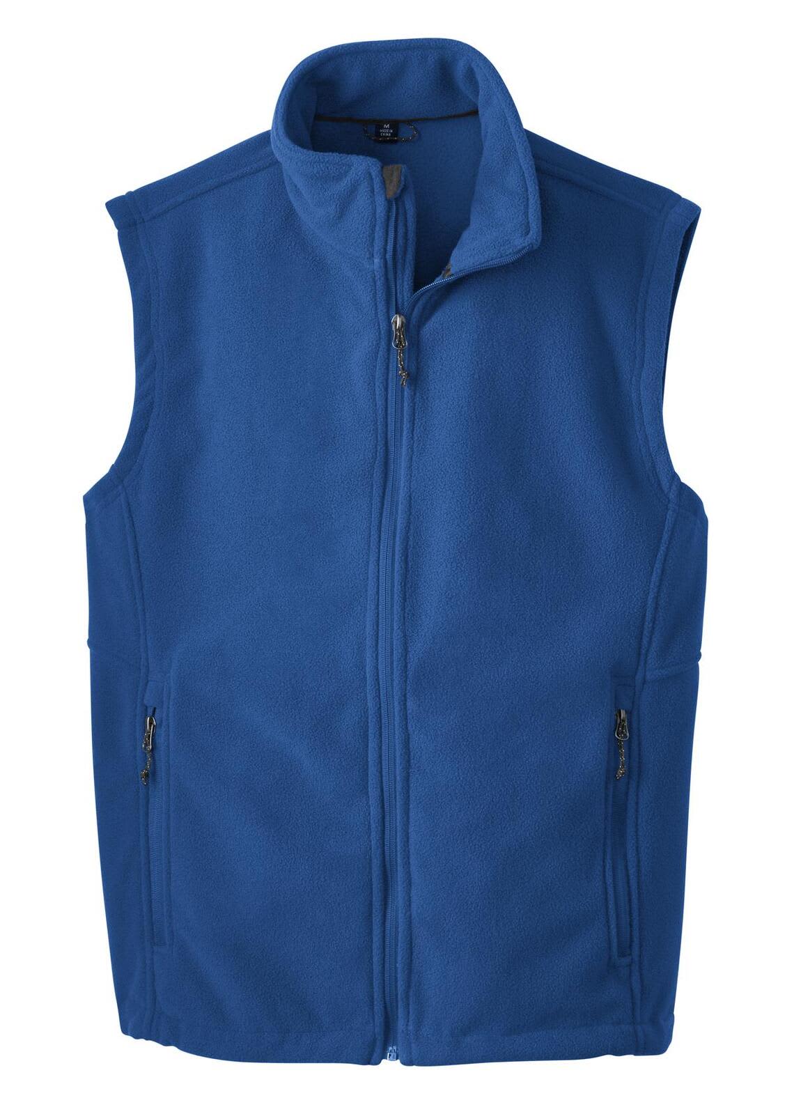 A blue fleece vest with a high collar and two zippered pockets, featuring a branding logo.