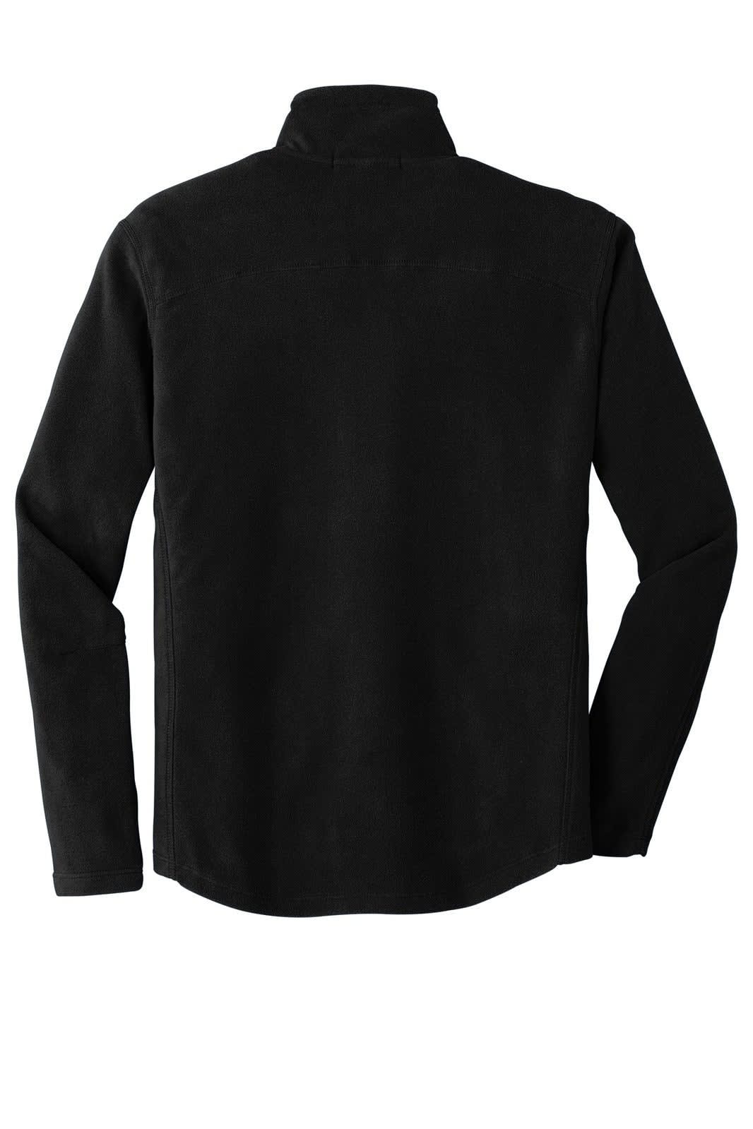 A black microfleece jacket with a collar and long sleeves, featuring a logo on the back.