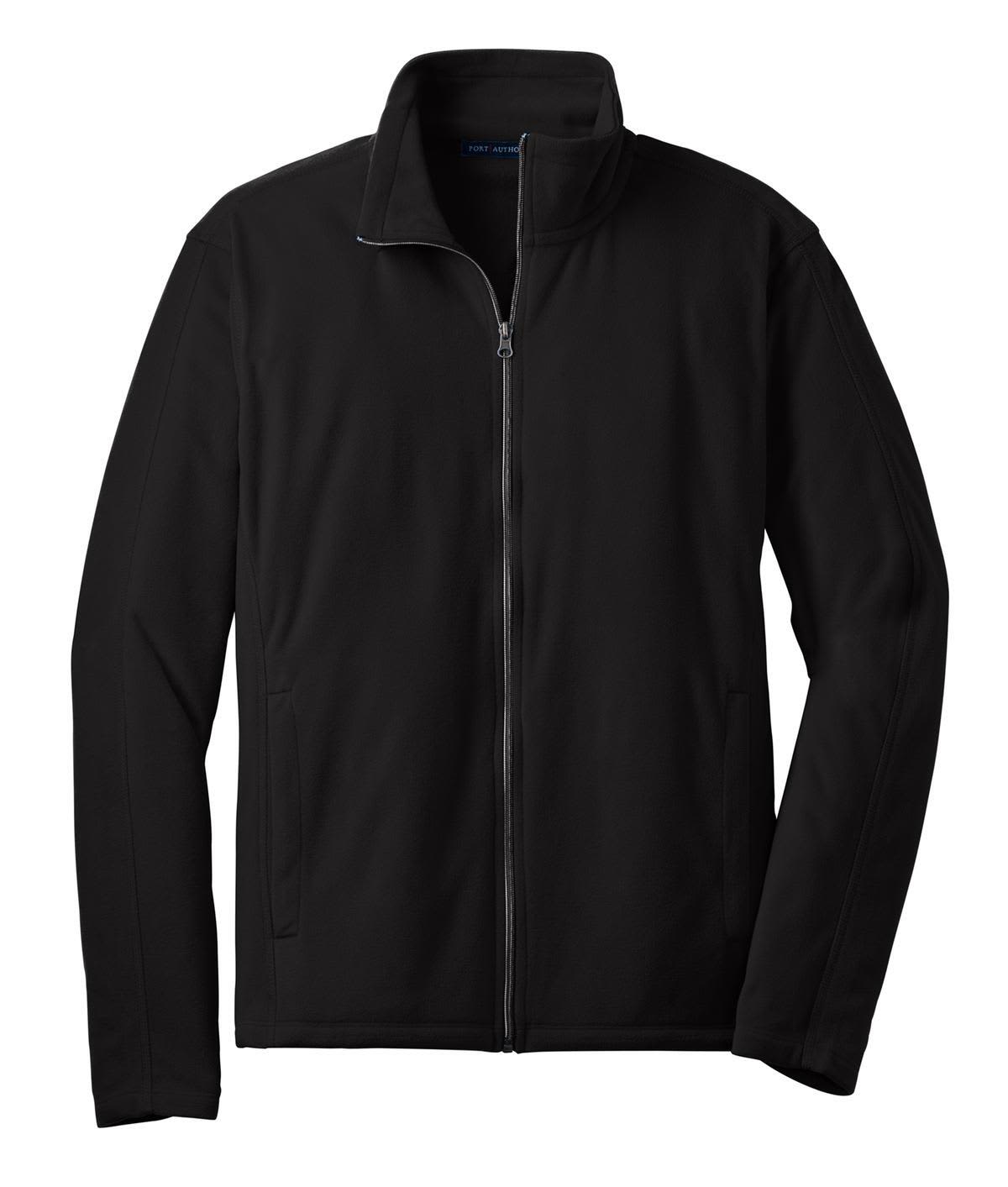 A black microfleece jacket featuring a full zip and side pockets, with branding on the fabric.
