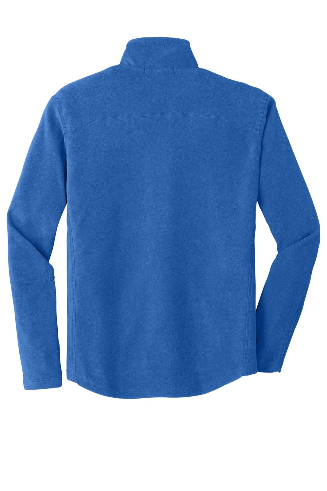 A blue microfleece jacket with a collar and long sleeves, featuring a logo on the back.