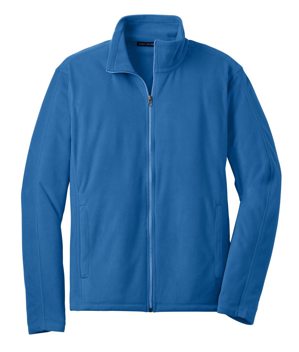 A blue microfleece jacket with a zip front and high collar, featuring a logo on the chest.