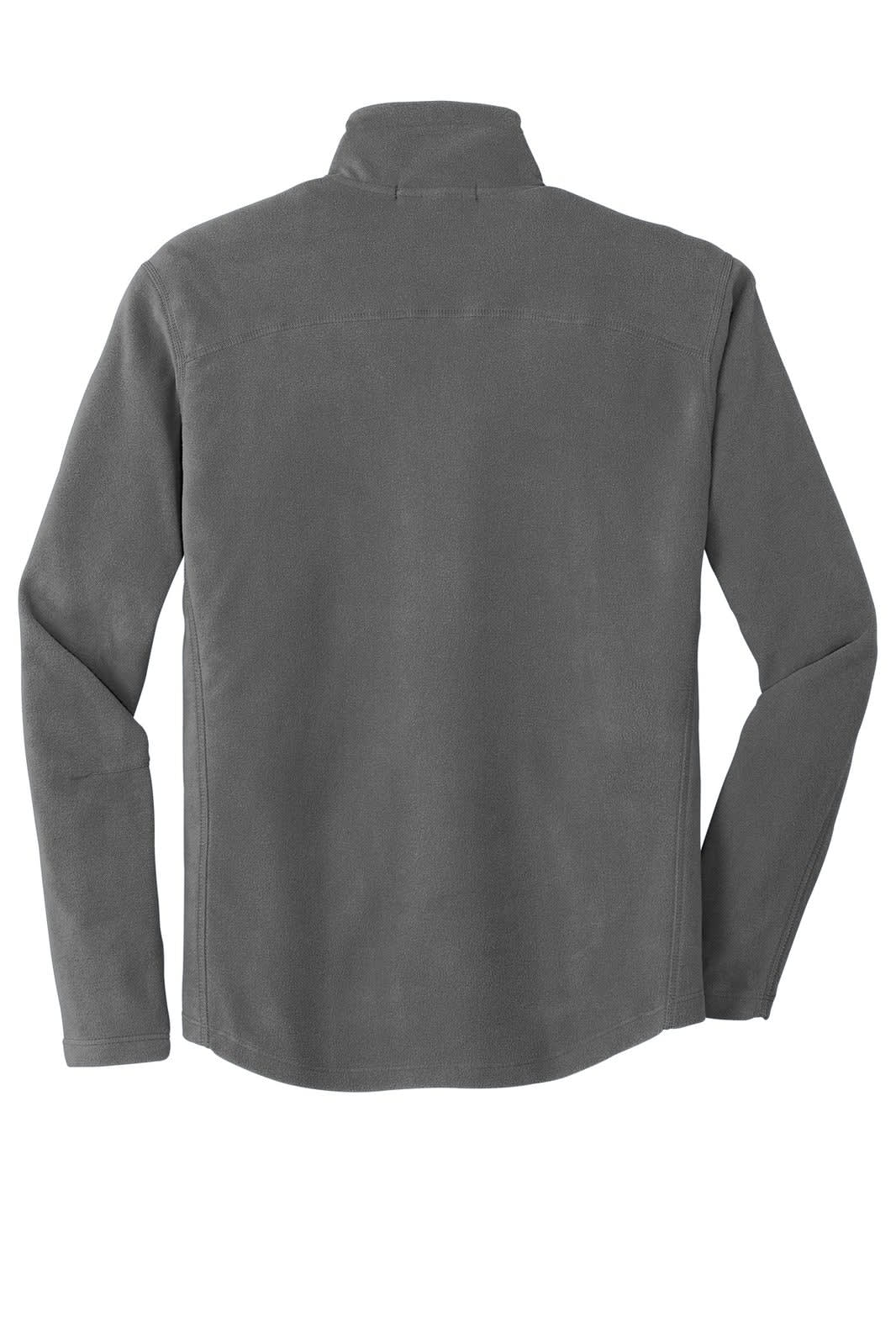 A grey microfleece jacket with a high collar, featuring long sleeves and a simple design on the back.