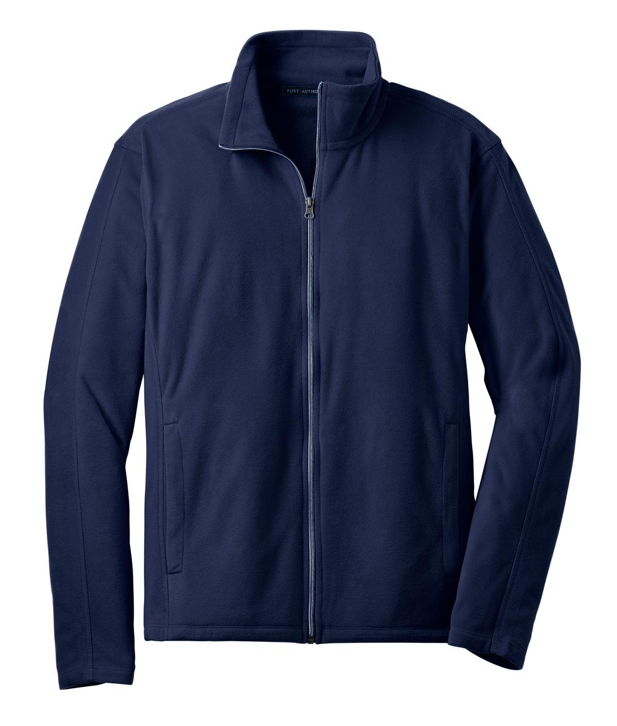 A navy Microfleece jacket with a zip front and stand-up collar, featuring side pockets and a branded logo.