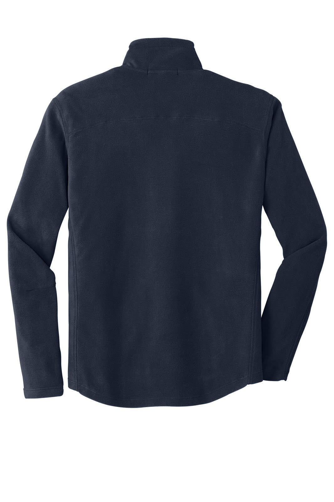 A navy blue microfleece jacket with a collar and long sleeves. It has a logo on the back.