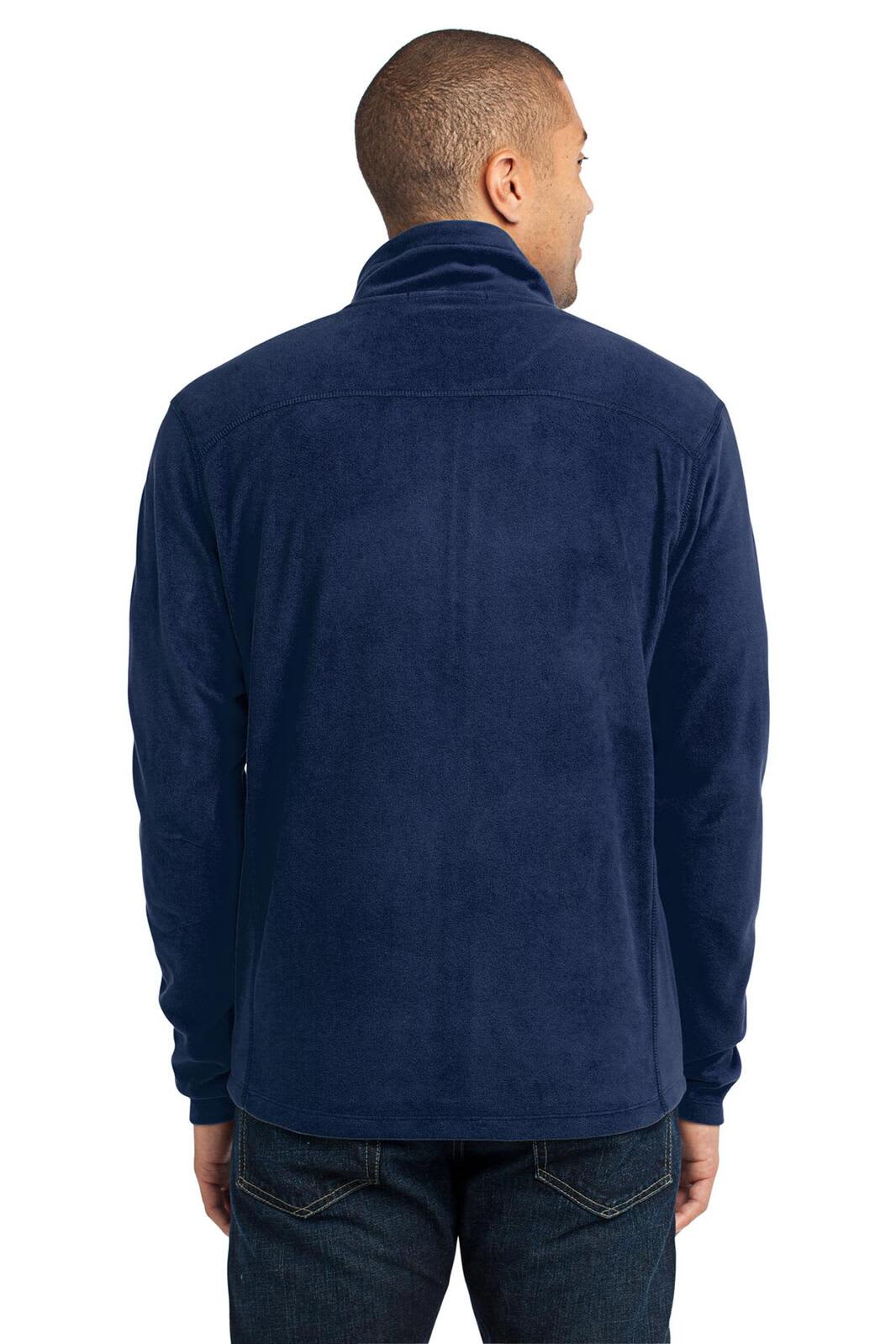 A navy microfleece jacket with a high collar, featuring a logo on the back, shown from behind.