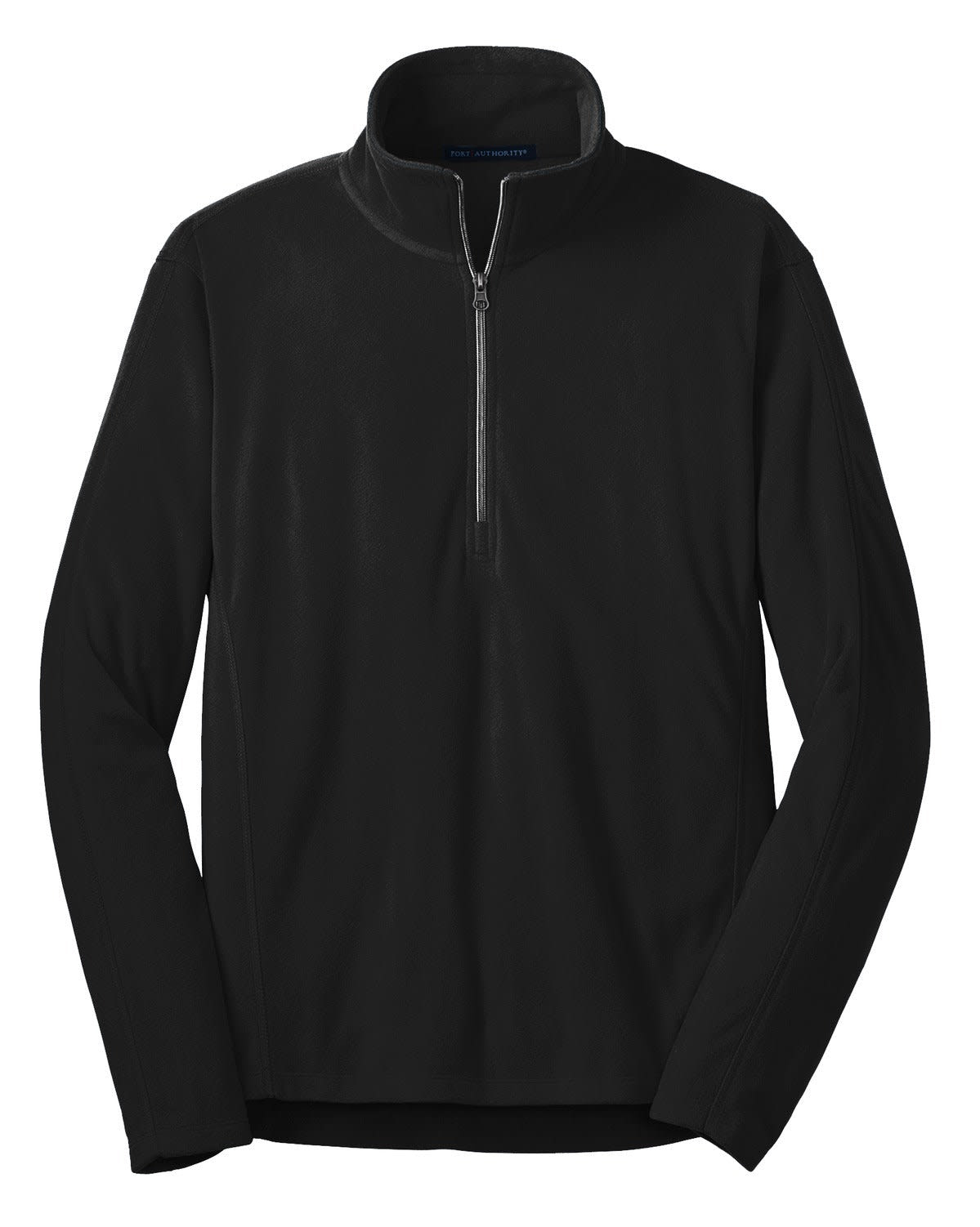 A black microfleece 1/2-zip pullover with long sleeves and a zippered collar. It features a branding logo.