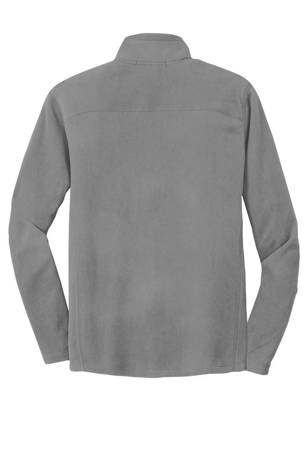 A grey Port Authority Microfleece 1/2-zip pullover with long sleeves and a logo on the back.