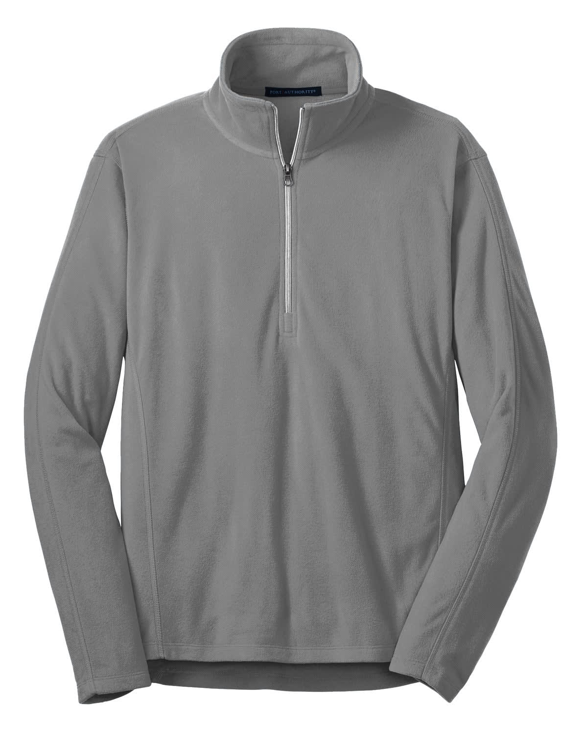 A grey microfleece 1/2-zip pullover featuring long sleeves and a zippered collar. Includes a logo.