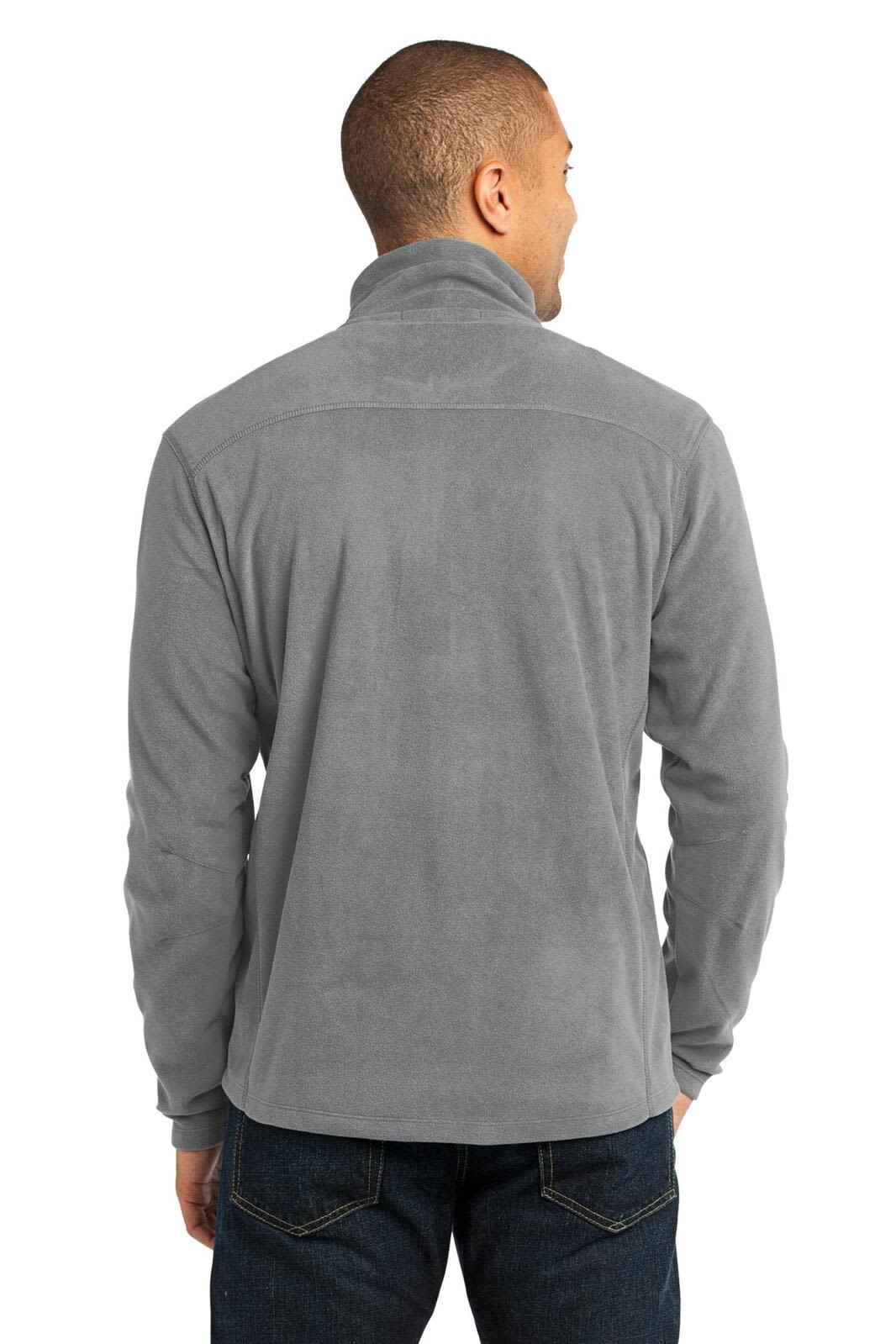 A grey microfleece 1/2-zip pullover with a collar, featuring a logo on the back.