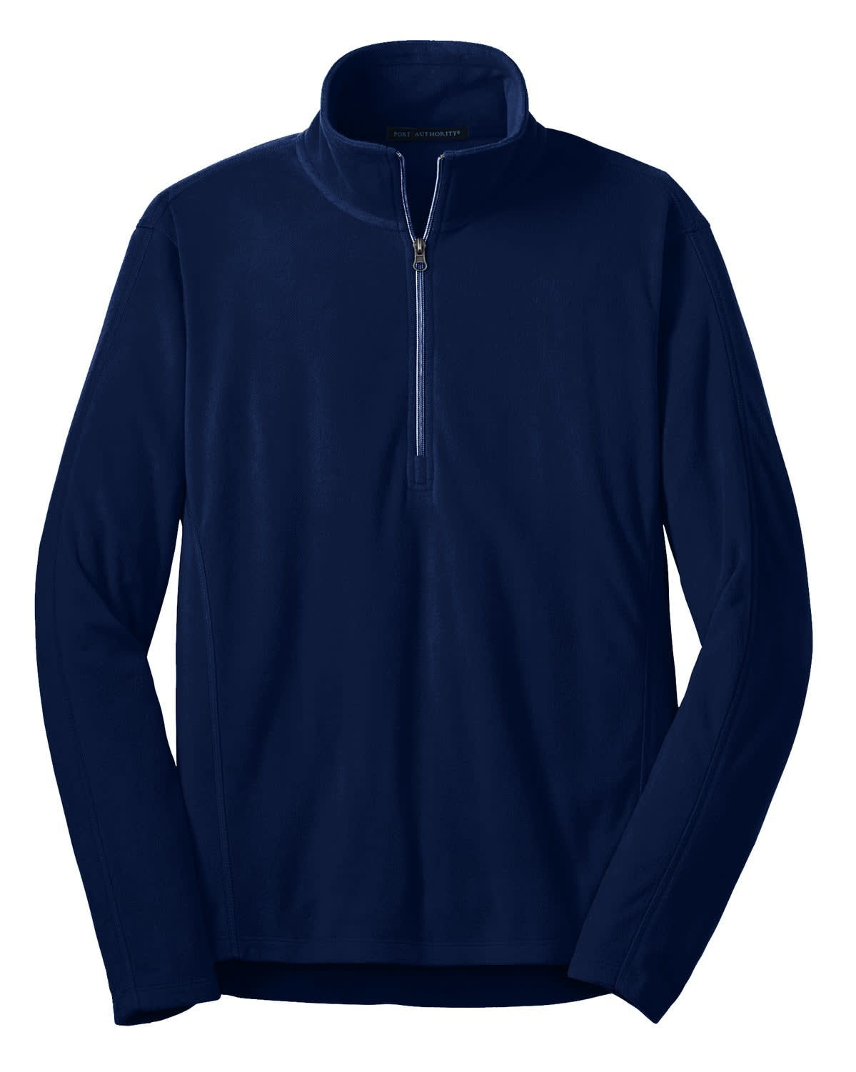 A navy blue microfleece 1/2-zip pullover with long sleeves and a zip at the neck. It features a logo.