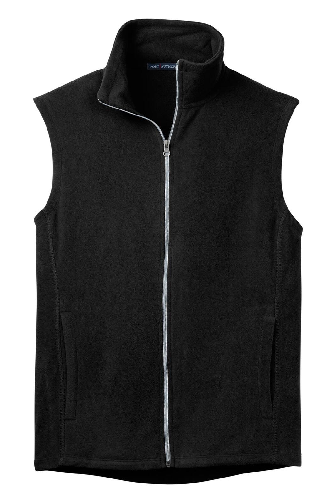 A black microfleece vest with a zip front and high collar, featuring side pockets and a logo.