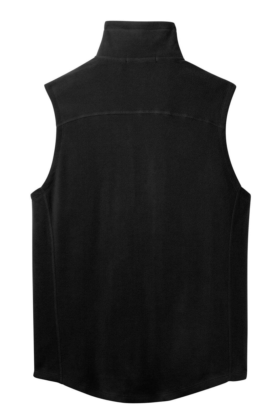 A black microfleece vest with a high collar and no sleeves, featuring a logo on the back.