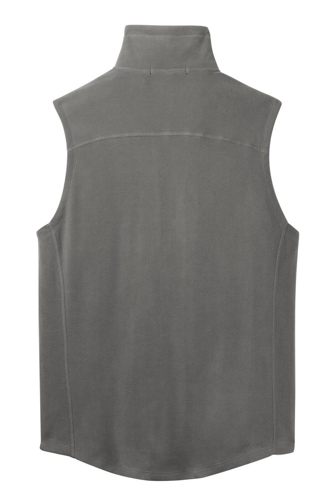 A grey microfleece vest with a high collar and a smooth back design, featuring a logo.