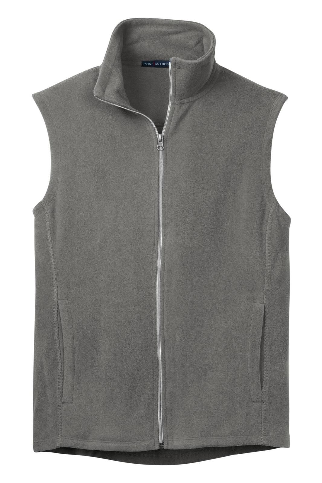 A grey microfleece vest featuring a zip closure and side pockets, with a branding logo.