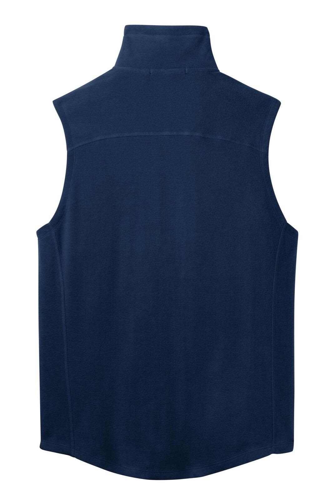 A navy blue microfleece vest with a high collar, featuring a logo on the back.