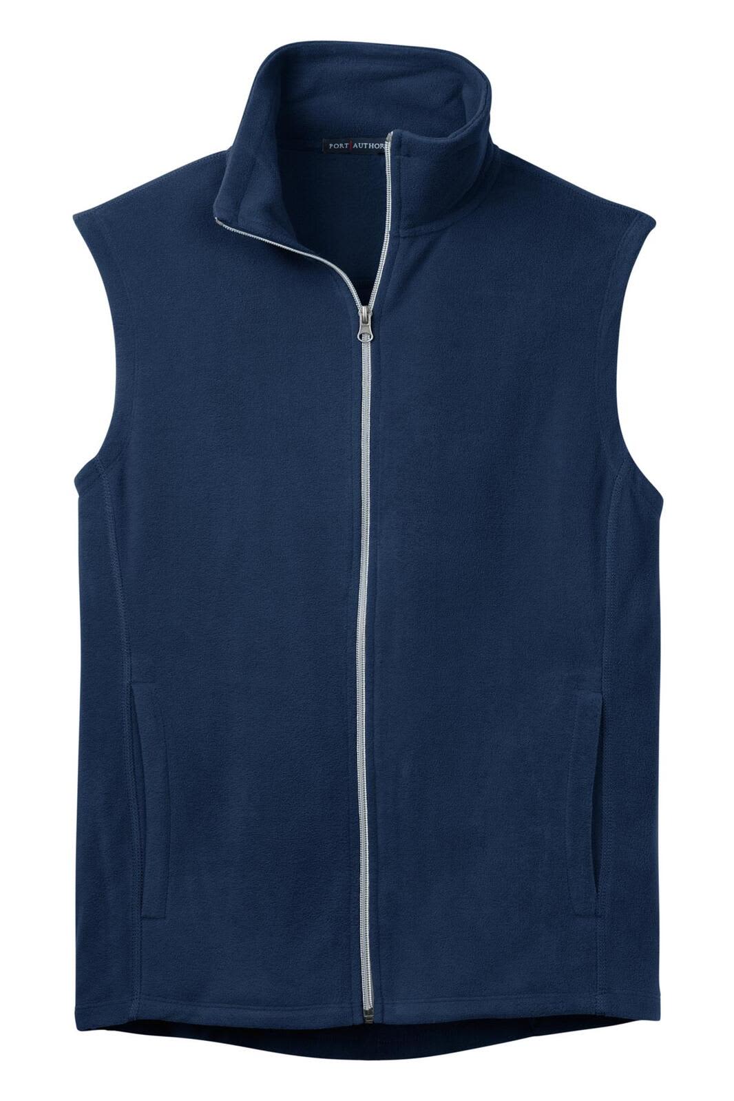 A navy blue microfleece vest with a zip front and two side pockets. Features a collar and a logo.