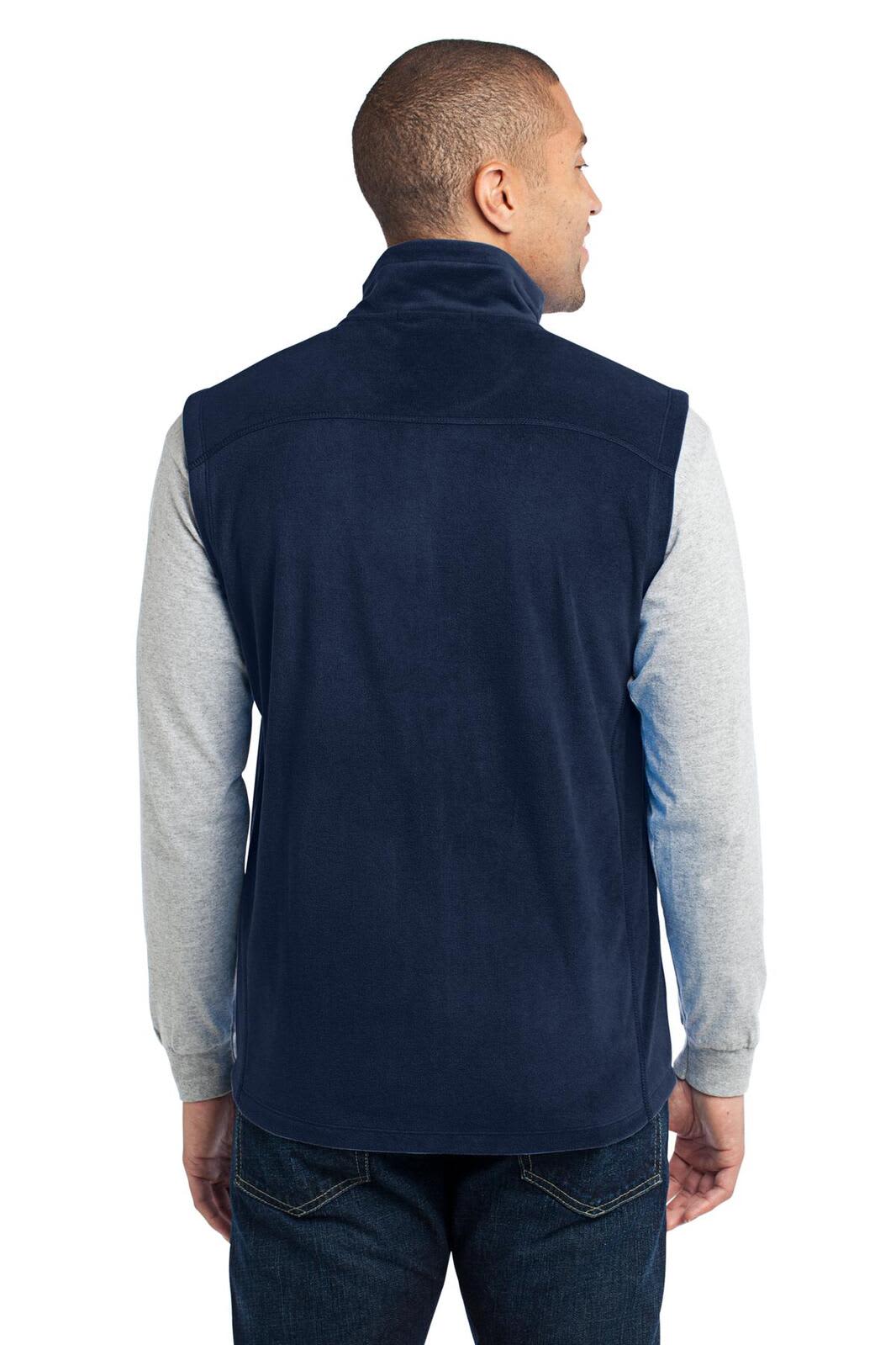 A navy blue microfleece vest from Port Authority, featuring a back view.