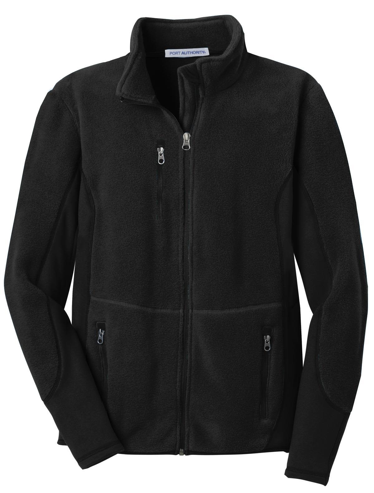 A black fleece full-zip jacket with two front zip pockets and a branding logo.