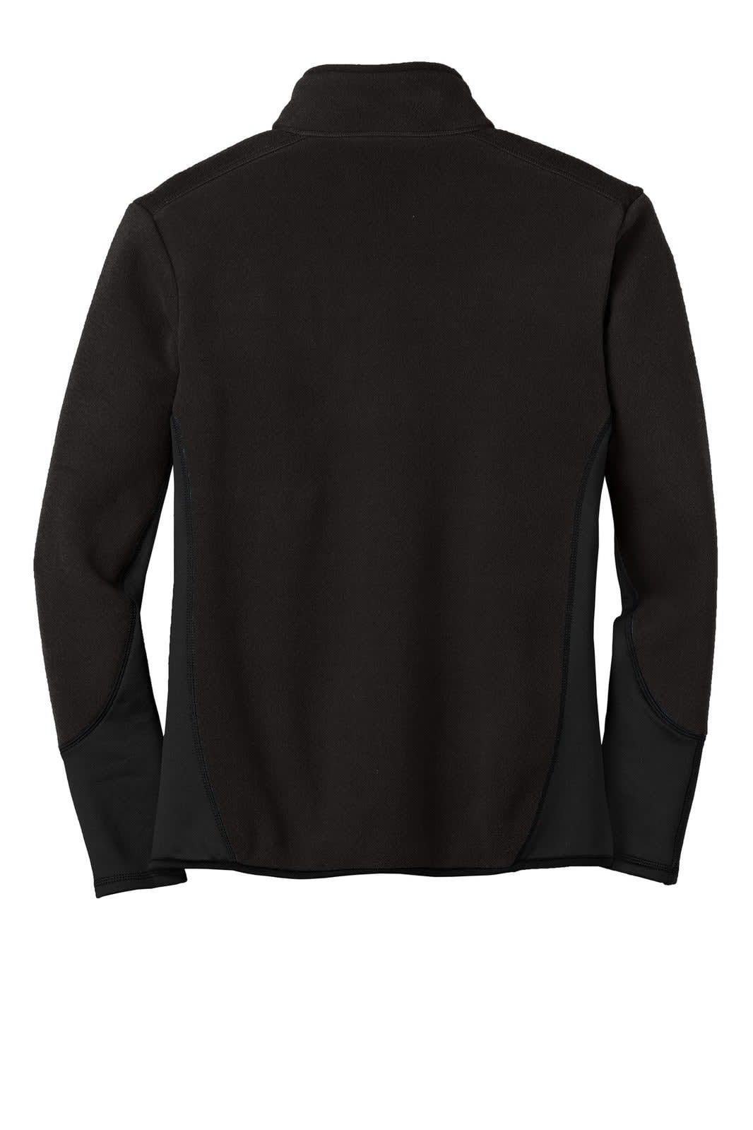 A black full-zip polar fleece jacket featuring a back view with a smooth texture and a logo.