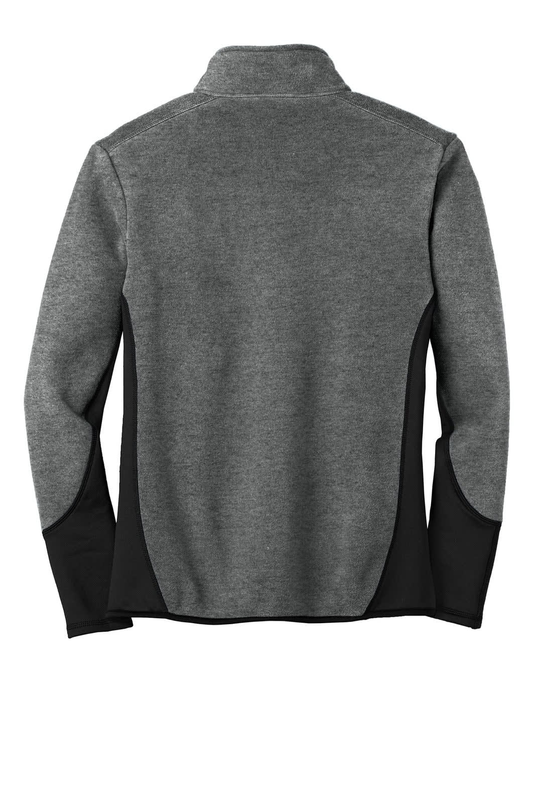 A grey and black full-zip fleece jacket with a collar and a logo on the back.