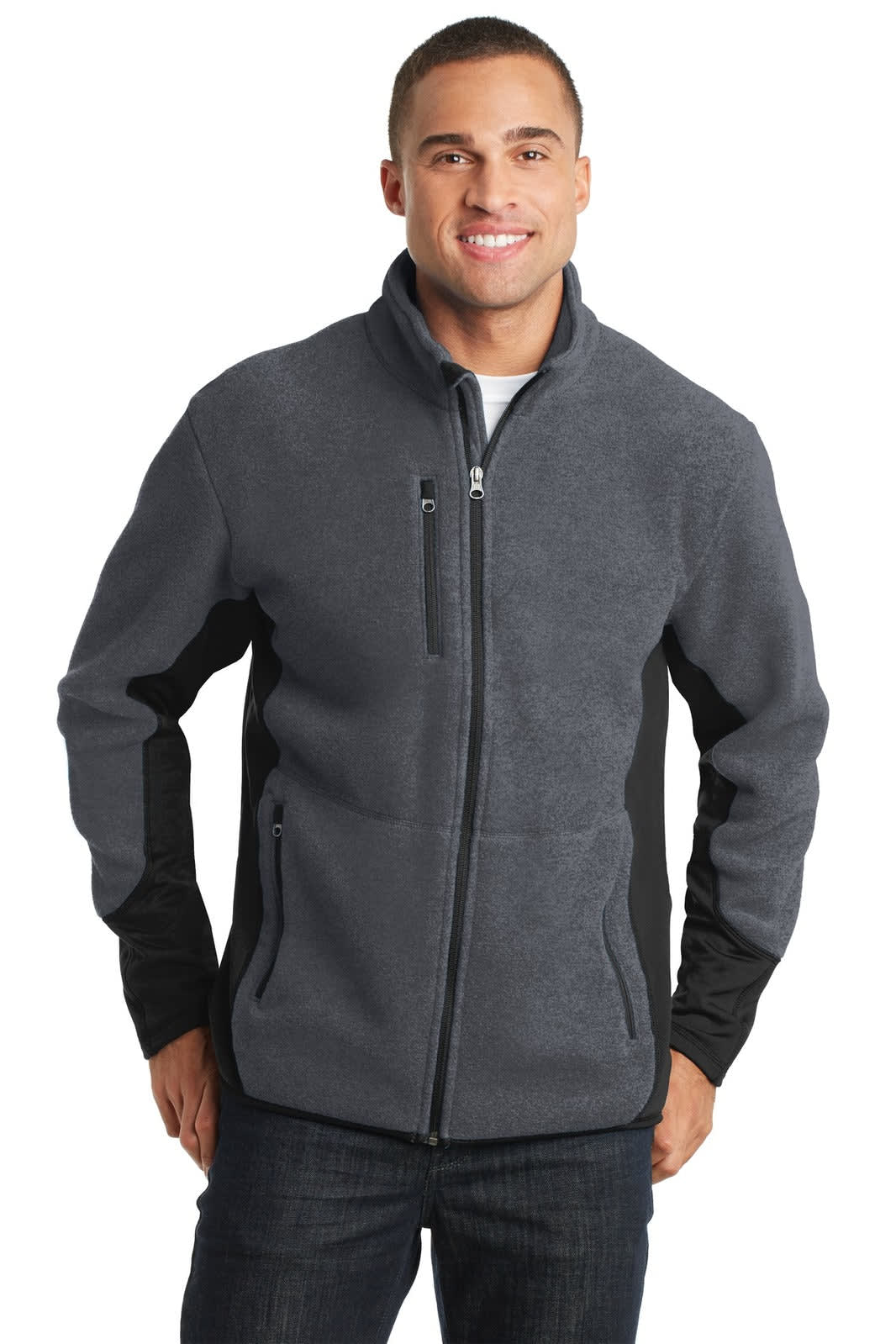 A full-zip fleece jacket in grey with black side panels and a logo on the chest.