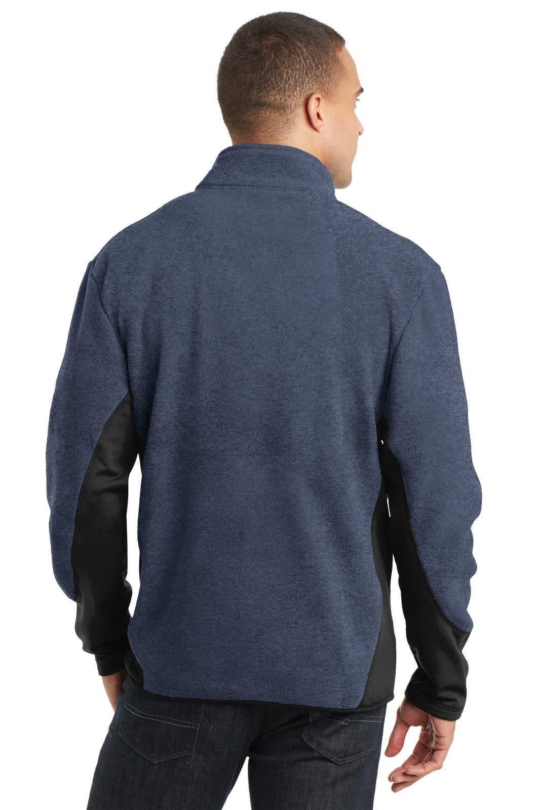 A full-zip polar fleece jacket in navy with black sleeves and a collar, featuring a logo on the back.