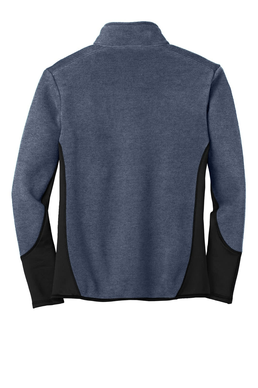 A fleece jacket featuring a navy blue body with black side panels and a full zip design. It has a logo on the back.