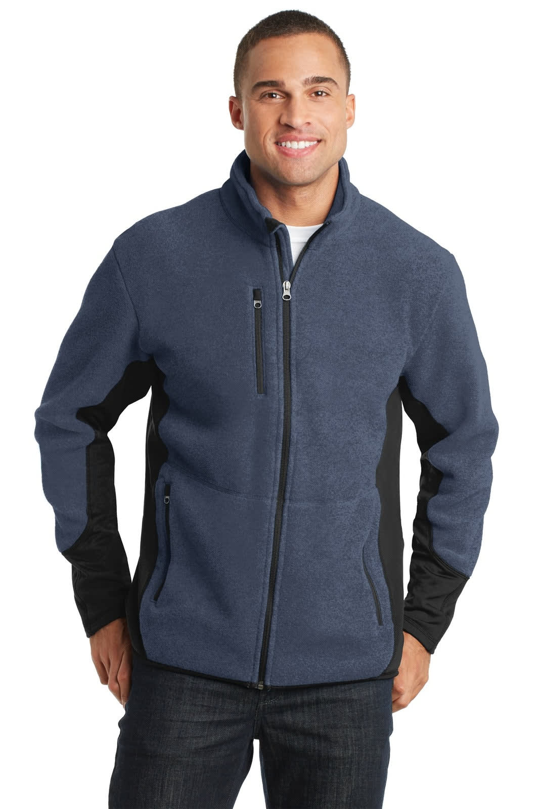 A full-zip fleece jacket in navy blue with black accents, featuring a zippered chest pocket and logos.