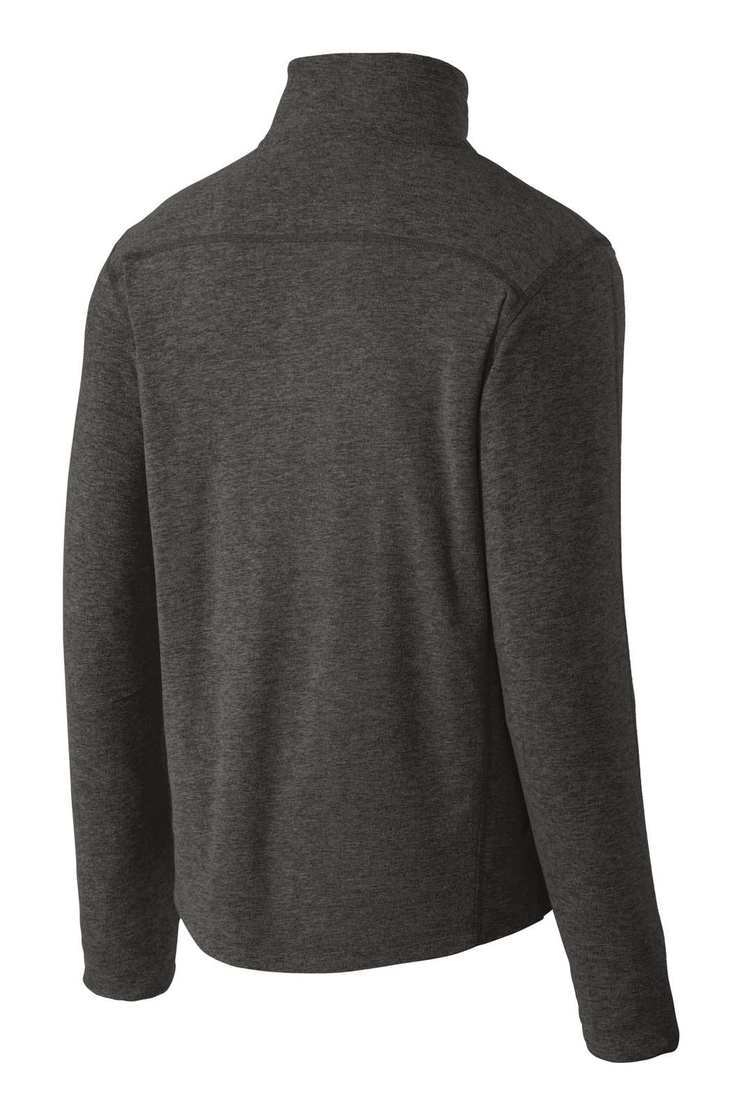 A dark grey microfleece pullover with a 1/2-zip and a stand-up collar, featuring a logo on the back.
