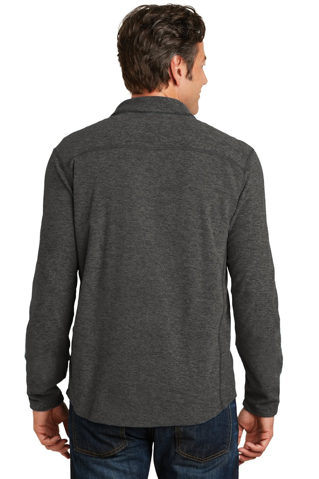 A dark heather grey microfleece 1/2-zip pullover with long sleeves and a collar, featuring a logo.