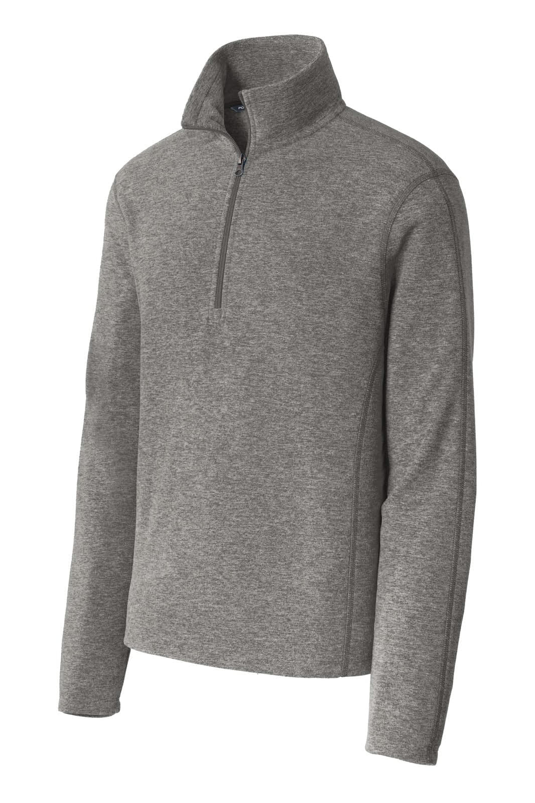 A grey microfleece 1/2-zip pullover with long sleeves and a collar, featuring a branding logo.