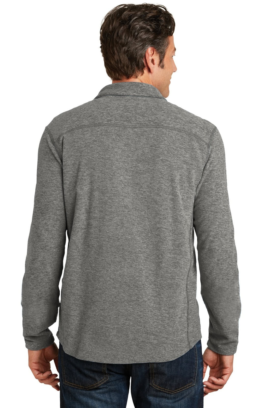 A man wears a grey Port Authority Heather Microfleece 1/2-Zip Pullover, viewed from the back. The pullover has a logo.