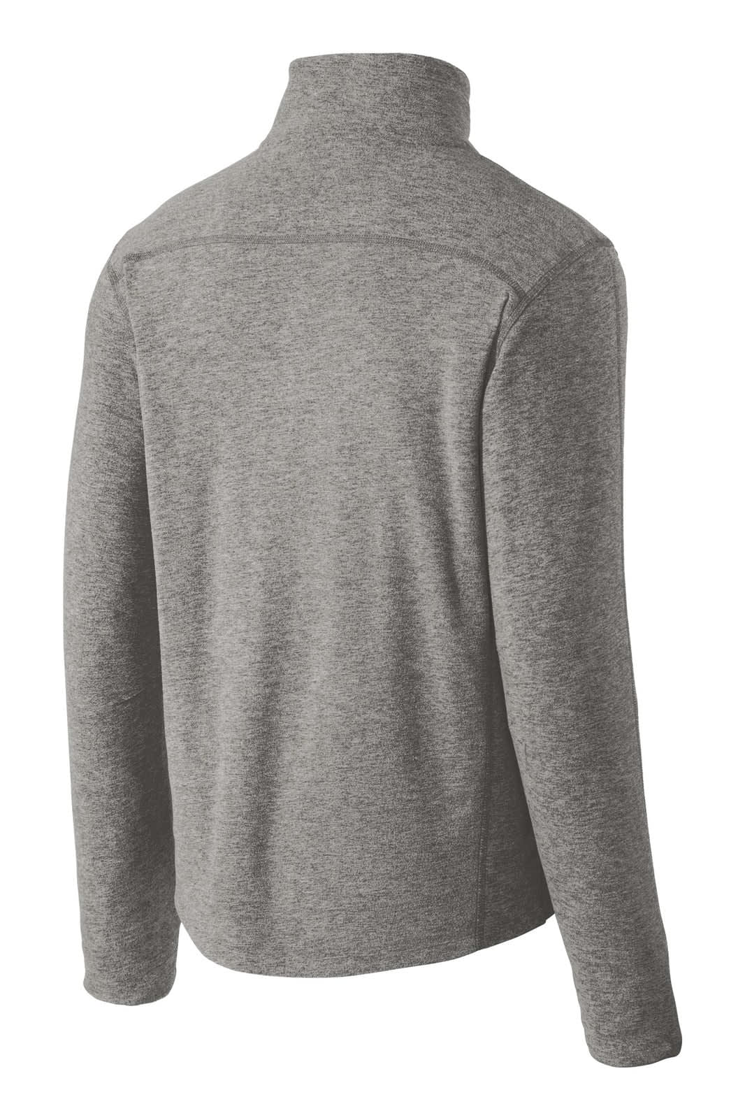 A grey half-zip pullover made from microfleece, featuring a back view and a logo.